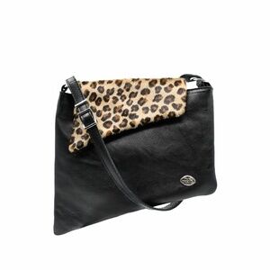 THE TREND Pebbled Leather Angled Trapezoid Shoulder Bag Leopard-Print Flap